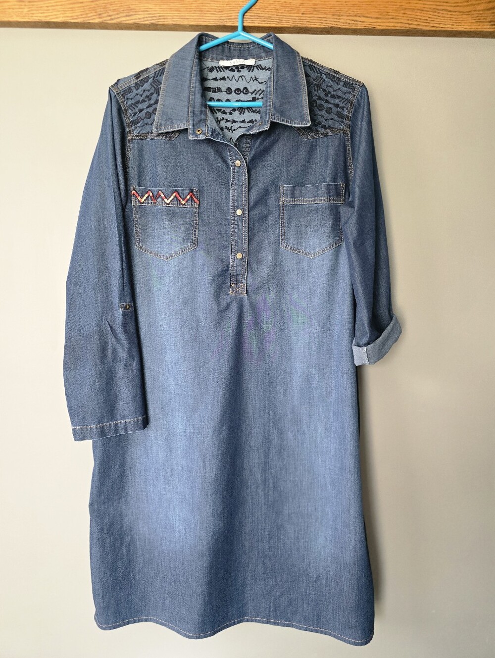 Sedna Boho Denim Shirt Dress Embroidered Mixed Media Medium Wash Relax Fit